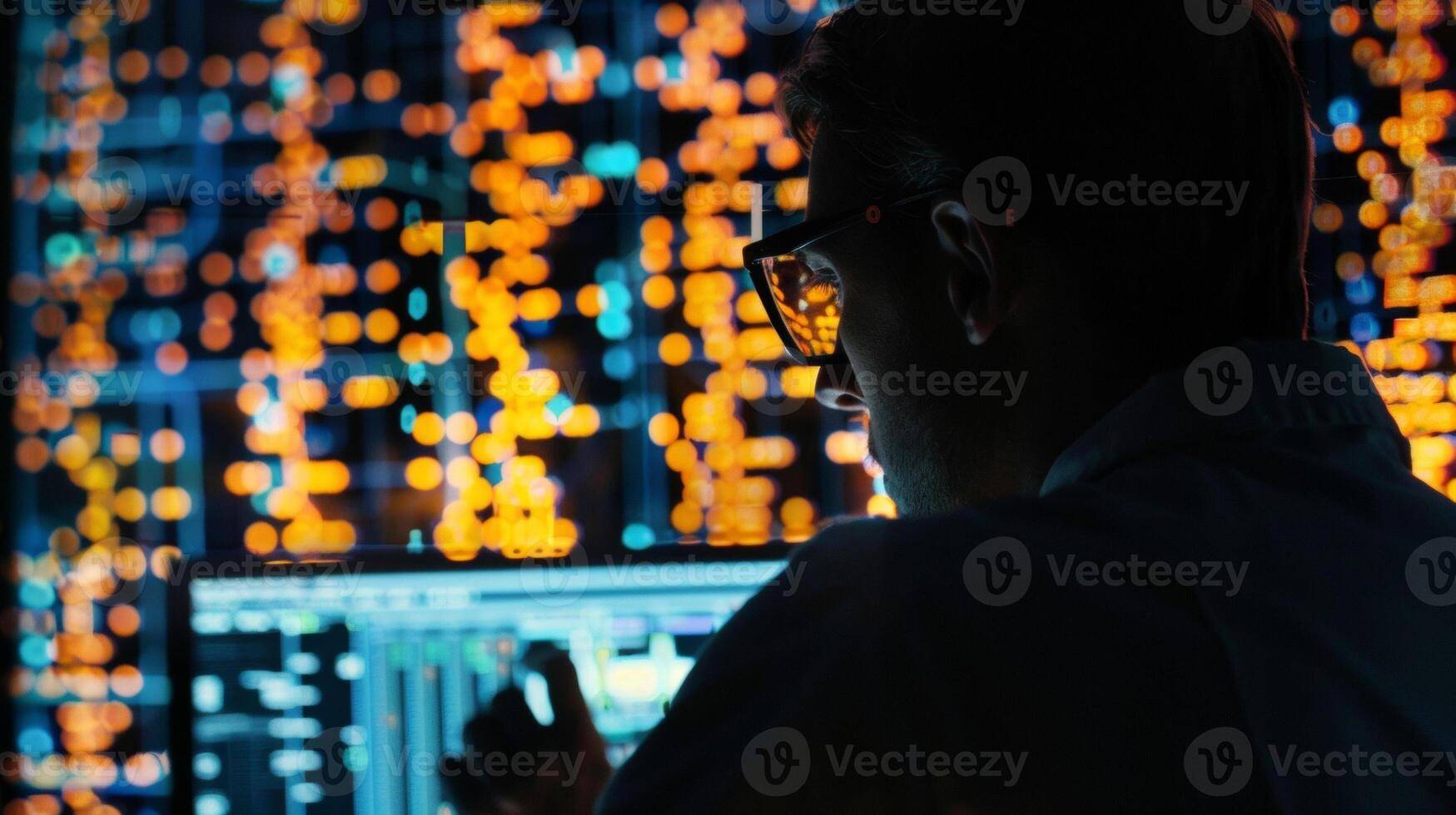 The backlit display of a computer screen showing intricate lines of code as a researcher designs and simulates a new genetic circuit on specialized software photo
