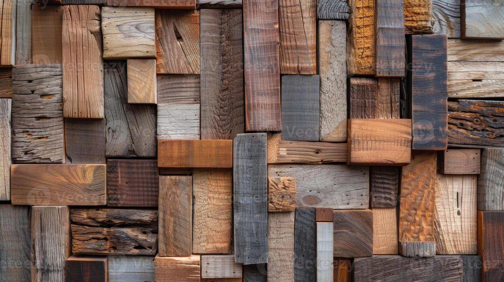 A variety of reclaimed wood pieces come together to form a stunning mosaic wall art piece. The individual pieces each with own story to tell create a harmonious an photo