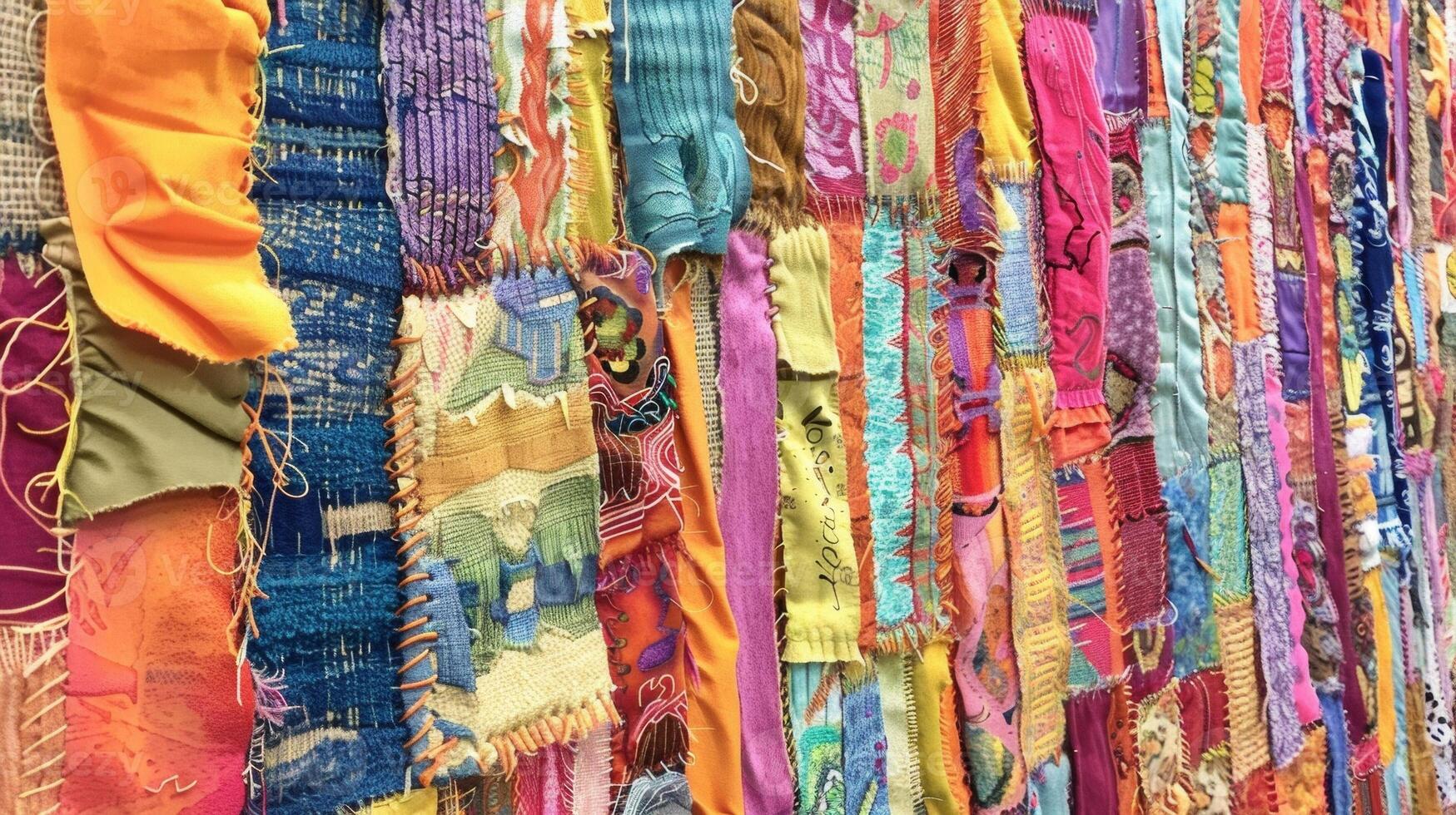 An artistic wall hanging made from strips of recycled fabric intricately woven together to create a stunning tapestry of color and texture photo