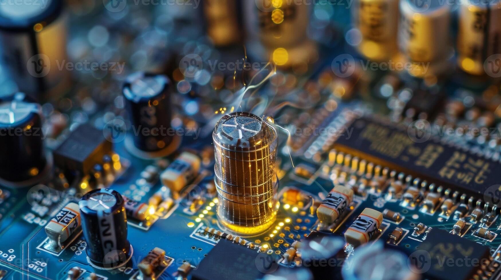 A closeup of a small electronic device with a vibrating component showing the flow of electricity through it photo