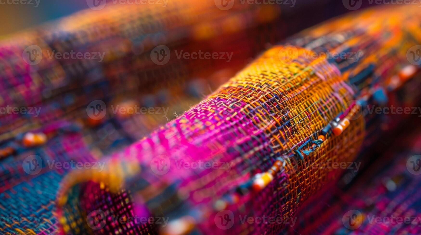 A closeup of a colorful textured textile with tiny electronic components woven into the fabric. These elements transform the fabric into a touchsensitive surface allowin photo