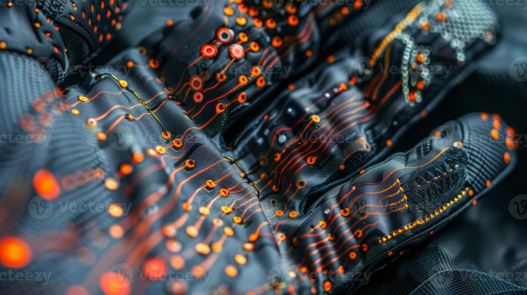 In closeup image we see the intricate wiring and circuitry of a pair of smart gloves. These gloves are able to track and monitor body temperature flow and muscle movement photo