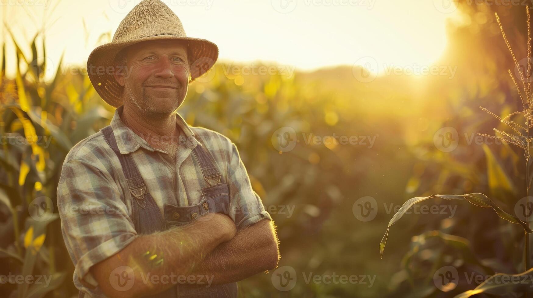 A farmer proudly standing in front of his cornfield which serves as a valuable source of biomass for producing renewable energy photo