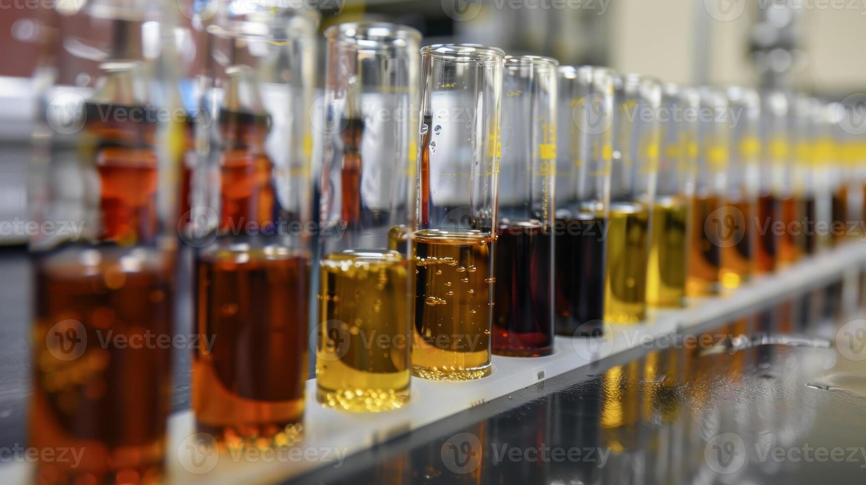 A series of test tubes filled with different colored liquids are lined up on a lab bench indicating different types of petroleum photo