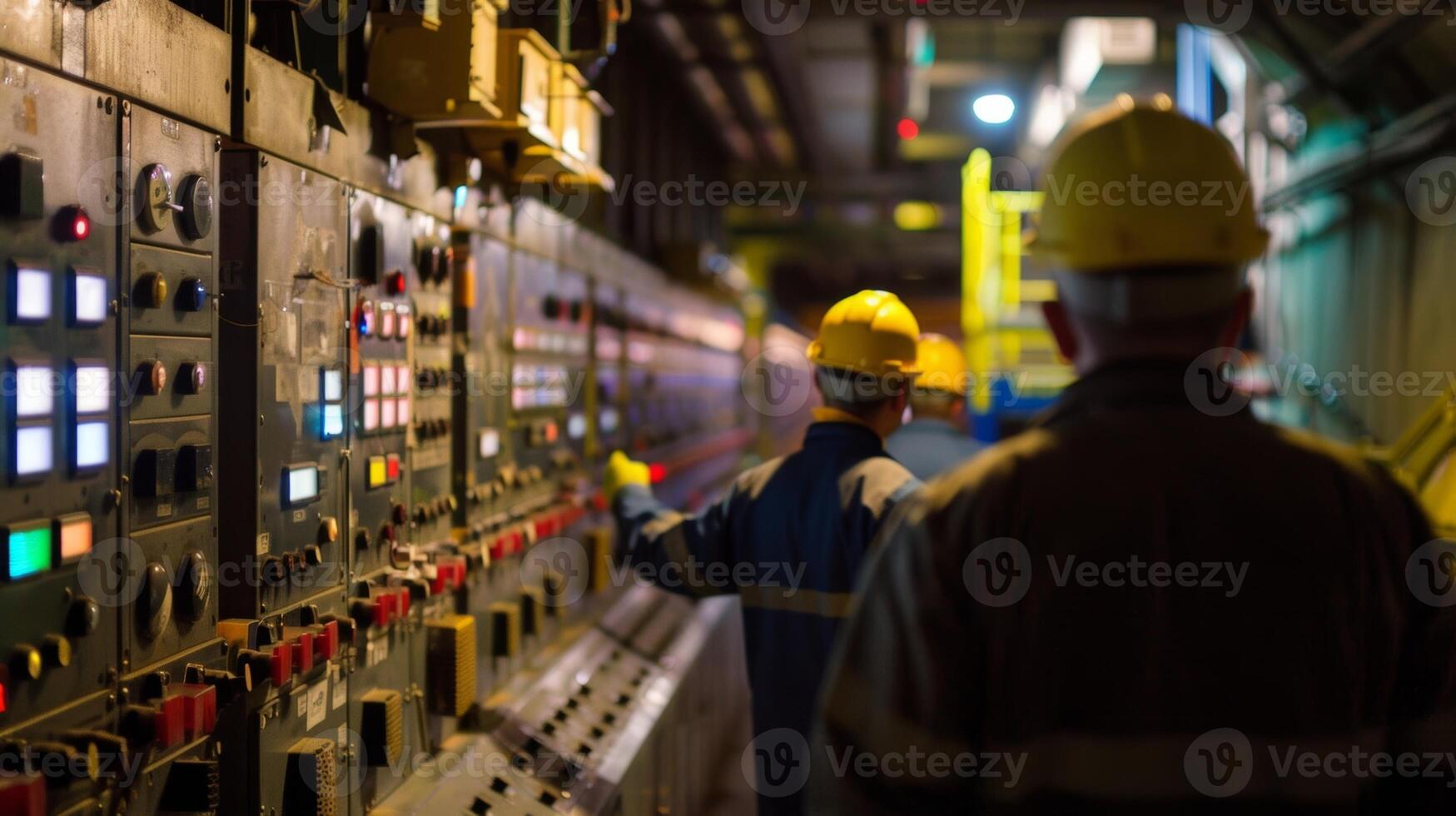Workers with hard hats and safety goggles moving through the busy control room photo