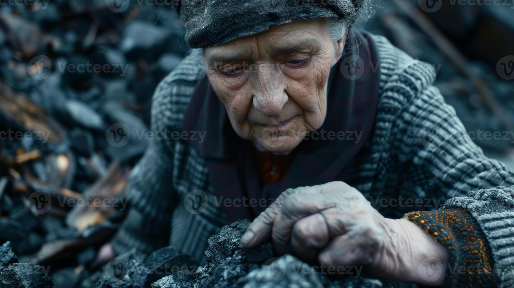An older woman meticulously sorts through a pile of coal discarding any impurities or subpar pieces photo