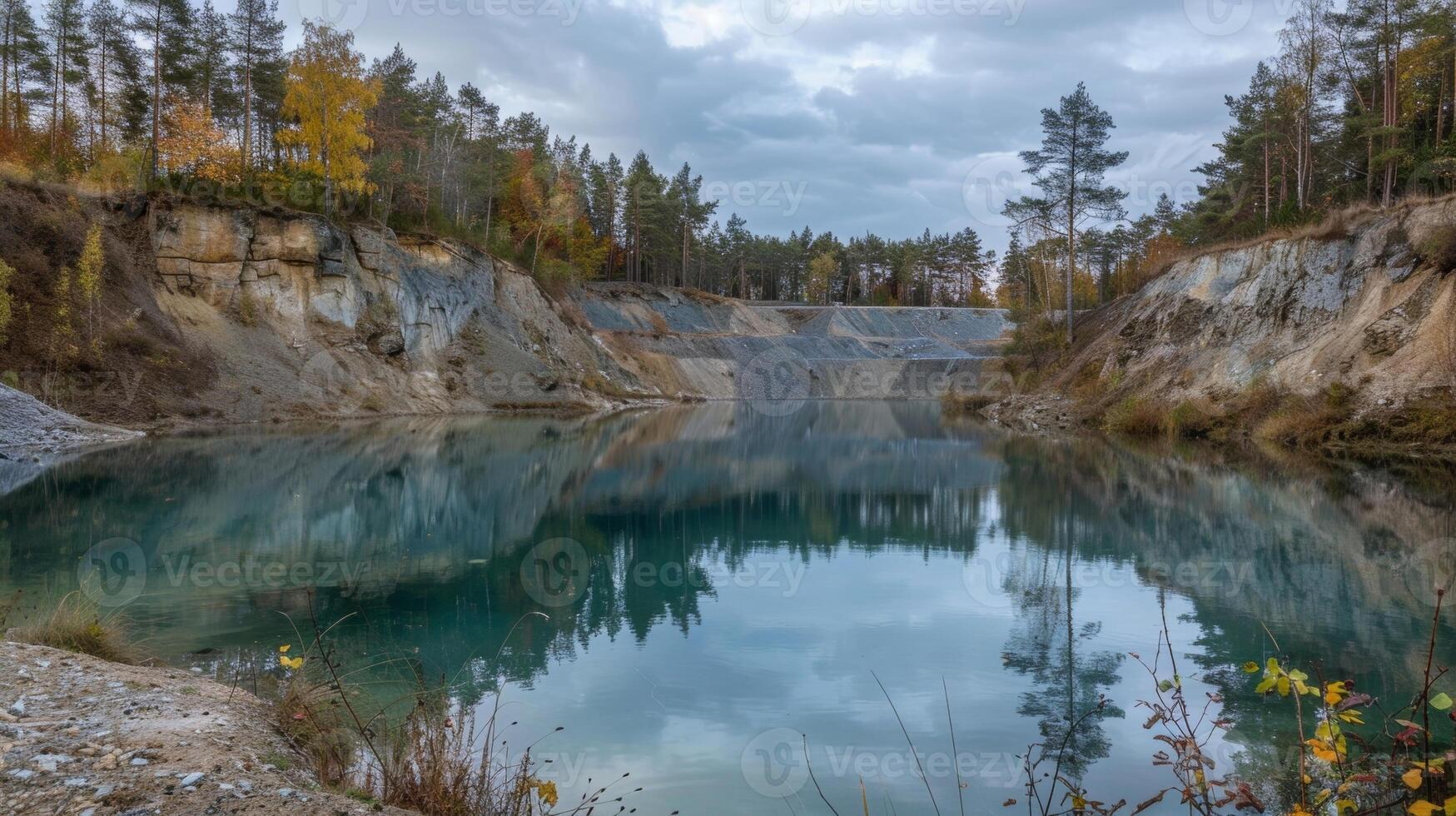 The nowstill water of a deserted mine pit once filled with the sounds of blasting and heavy machinery photo