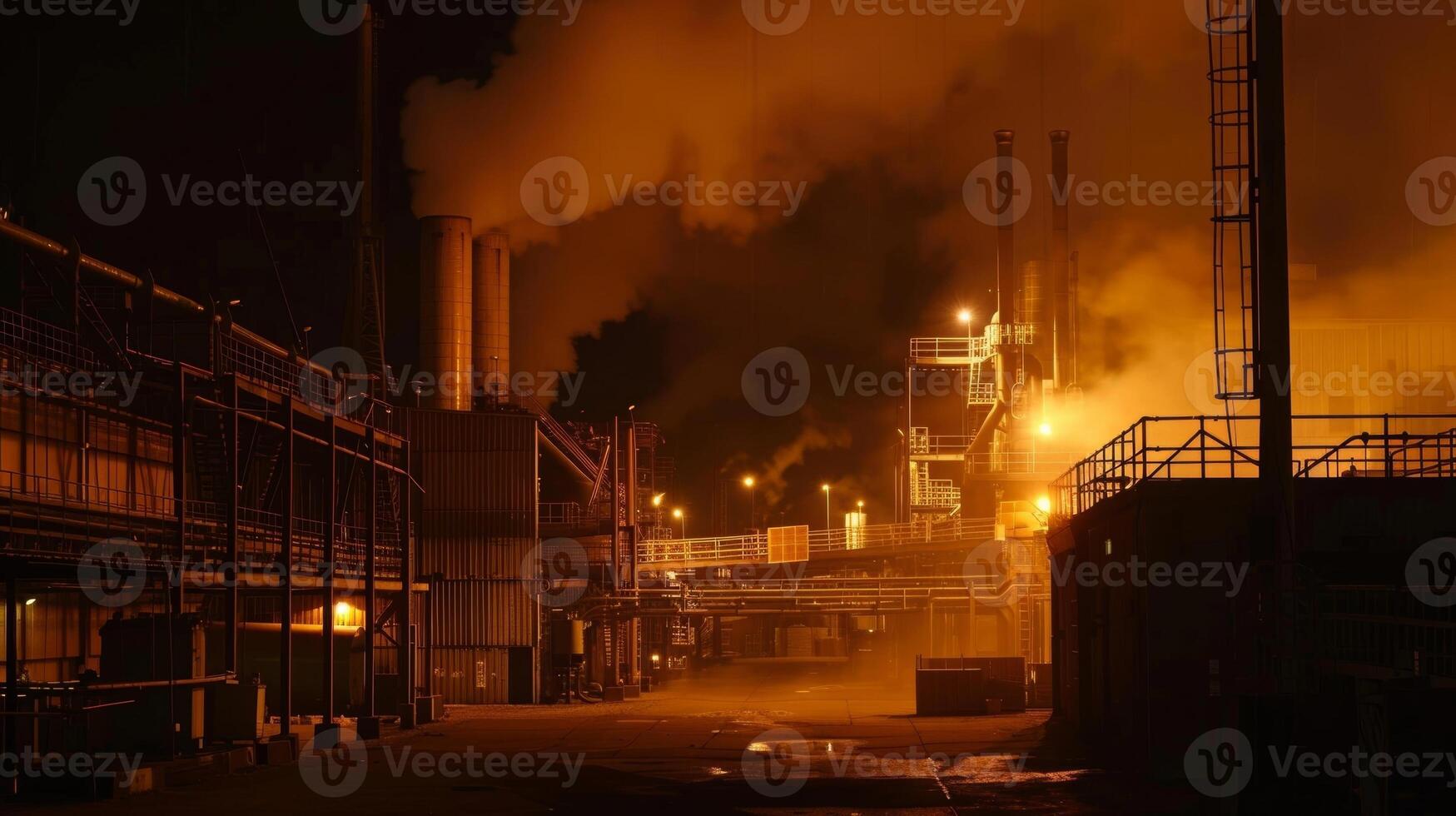 A night shot of an industrial area illuminated by the bright orange glow of several industrial steam boilers working hard photo