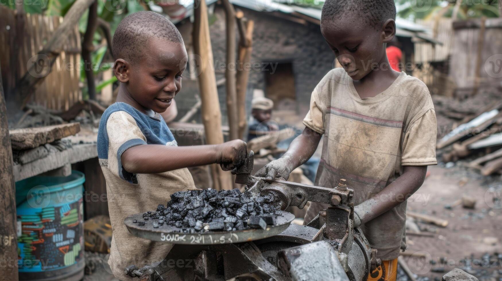 Two young boys take turns using a simple handcranked machine to grind up pieces of charred wood creating a fine charcoal powder photo