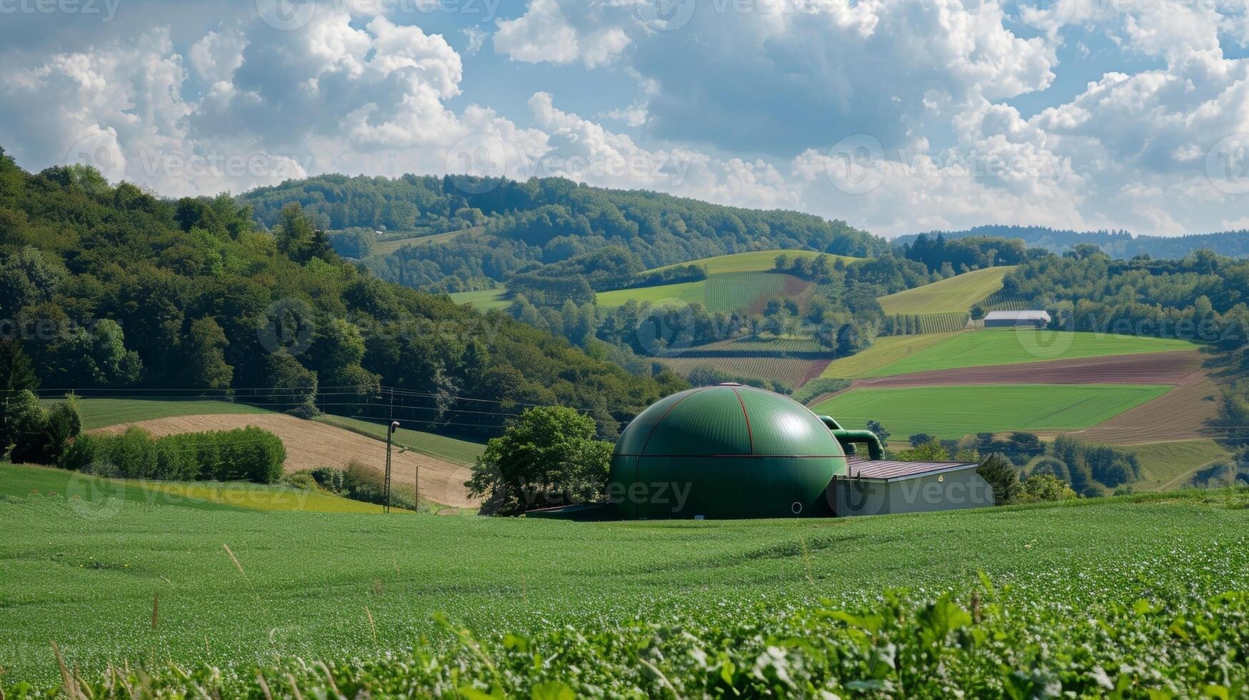 Surrounded by rolling hills and lush greenery a small biogas plant provides sustainable energy for a nearby farm photo