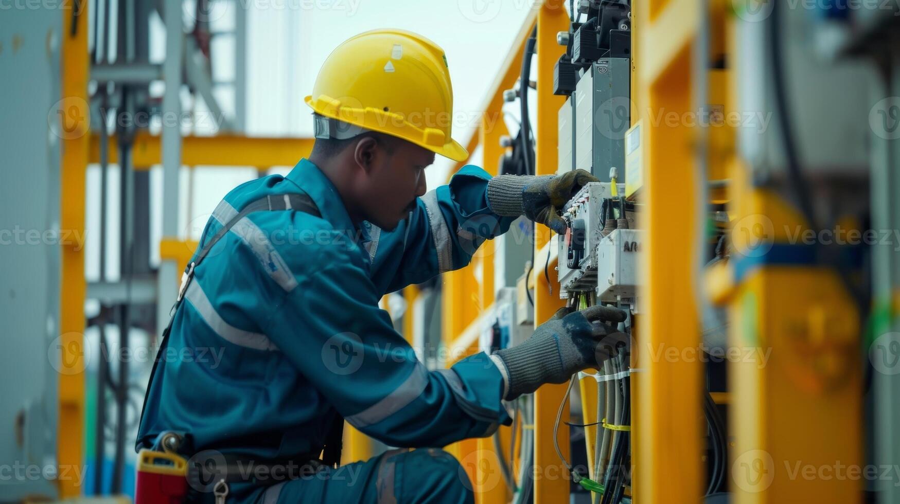 Repair work being done on the electrical systems of an oil well to ensure uninterrupted production photo