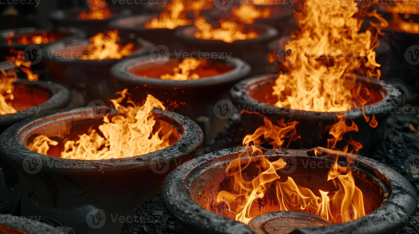 An array of furnaces in a foundry each one burning brightly as metal is melted inside photo