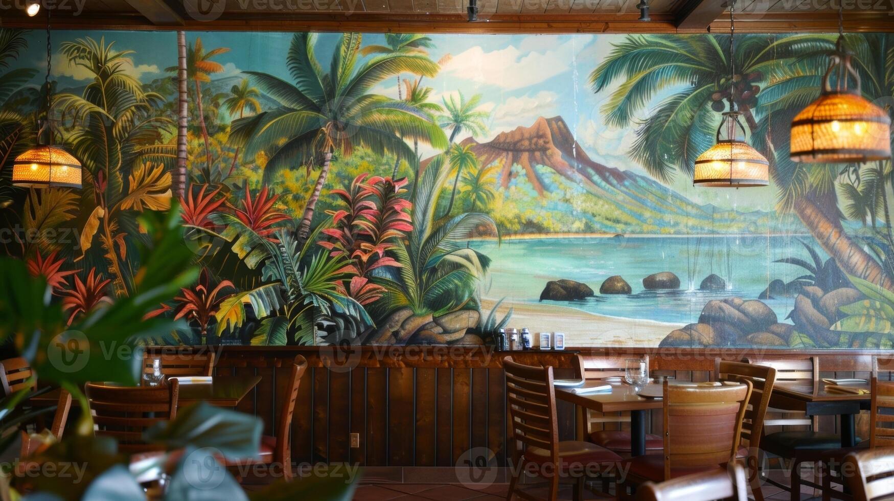 Bold and colorful murals depicting island life and culture adorn the walls giving guests a taste of the tropics while they dine photo