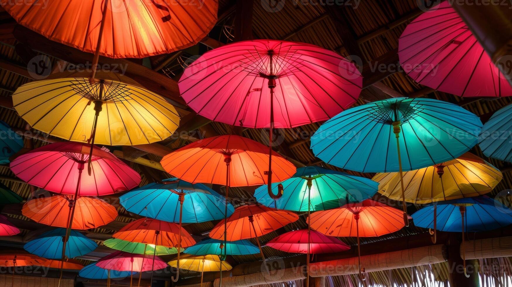 Brightly colored umbrellas adorn the ceiling of a tiki bar adding a playful touch to the tropical setting photo