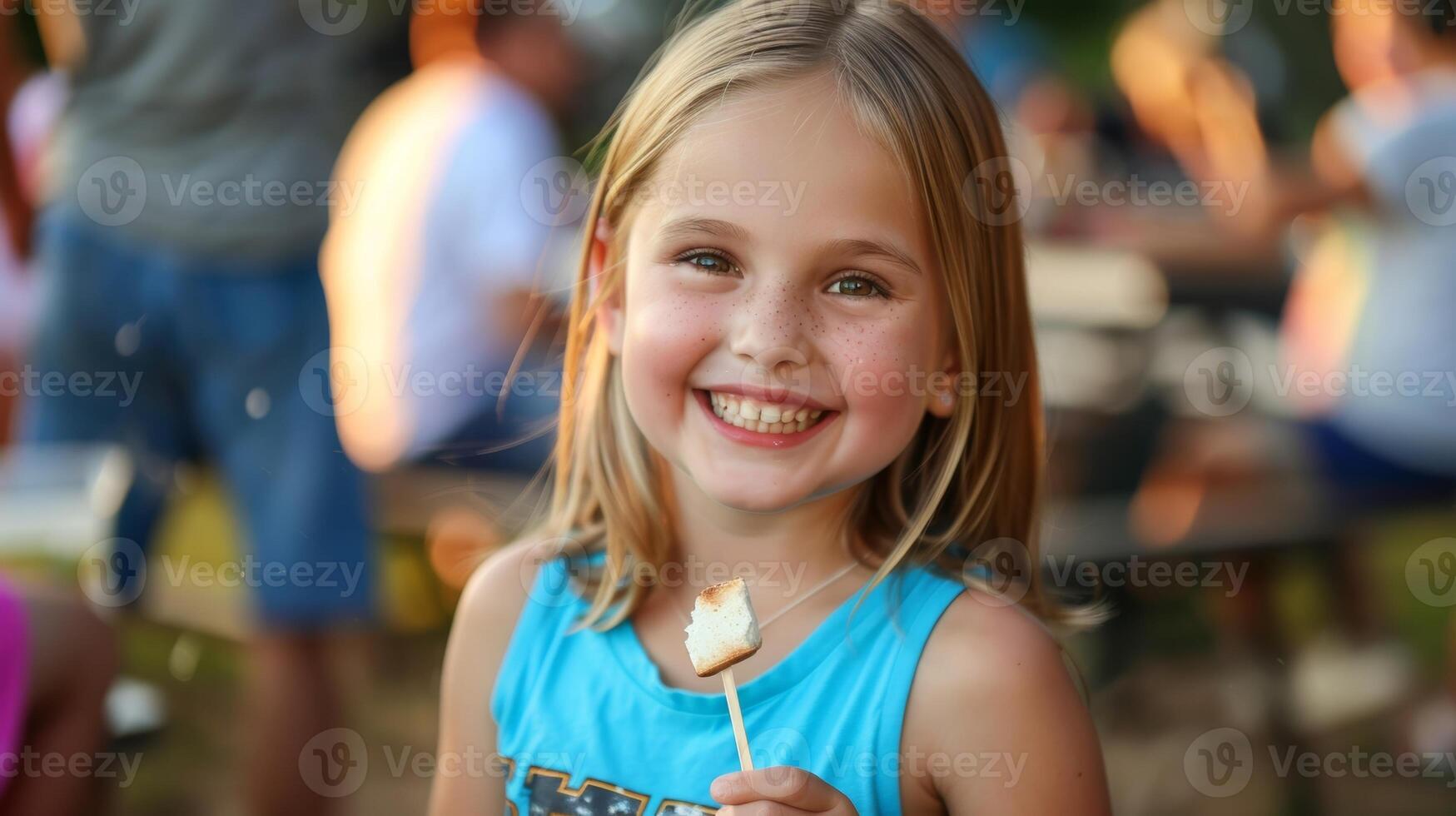 A young girl holding a smore on a stick smiling as she takes a bite during the kids activity portion of the Texasstyle cookout photo