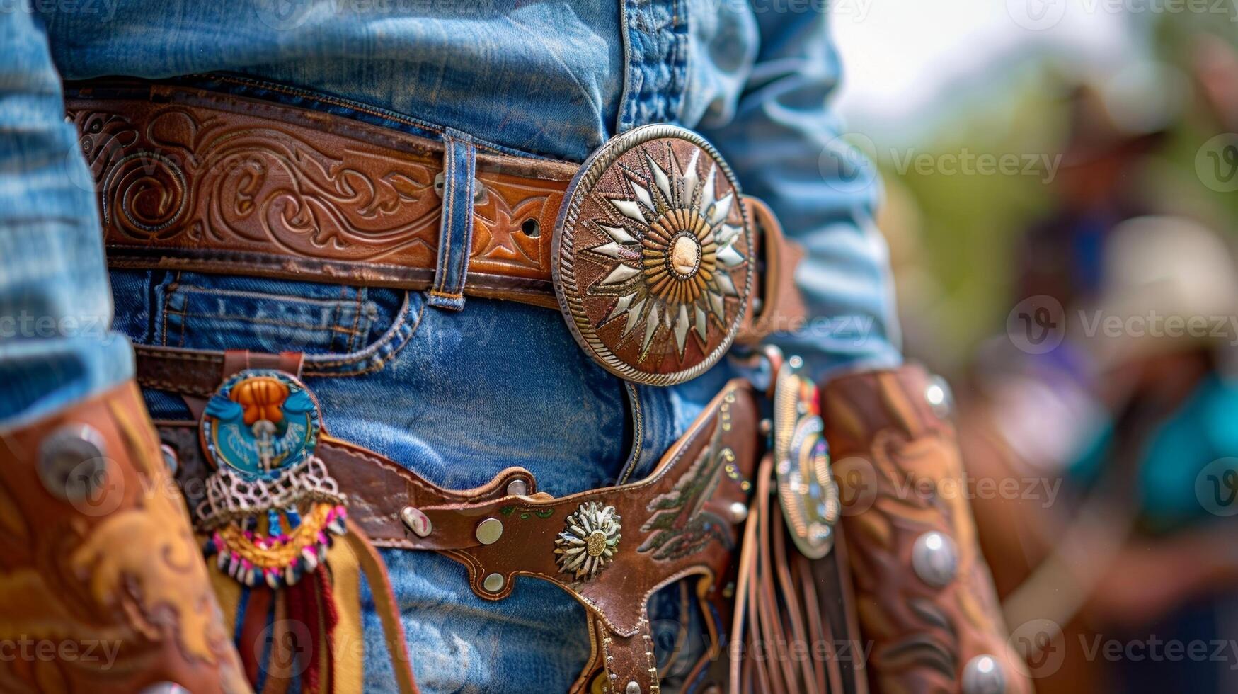 A student proudly displaying their finished tooled leather belt adorned with traditional Western symbols photo