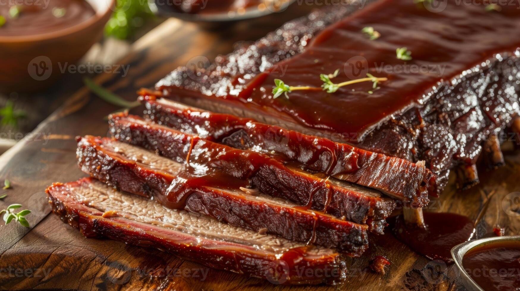 A perfectly cooked juicy brisket smothered in a tangy barbeque sauce ready to be sliced and served at the cookout photo