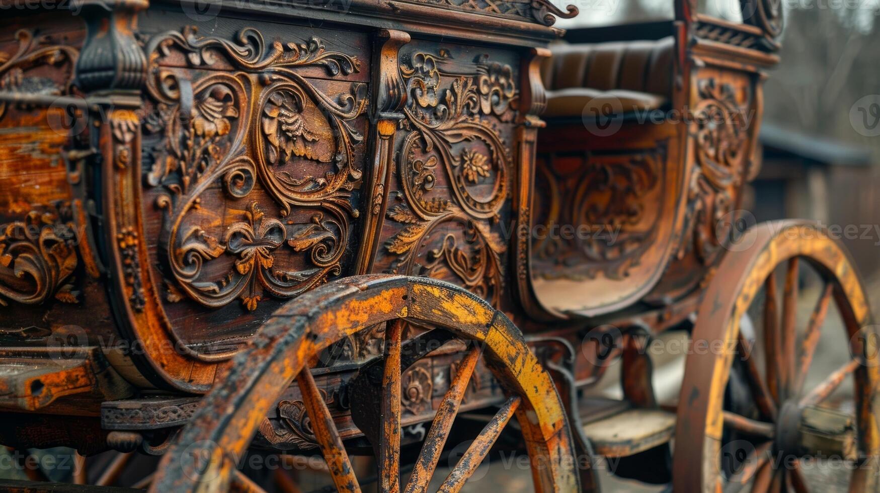 A beautifully crafted horsedrawn buggy with intricate carvings and a worn leather seat photo