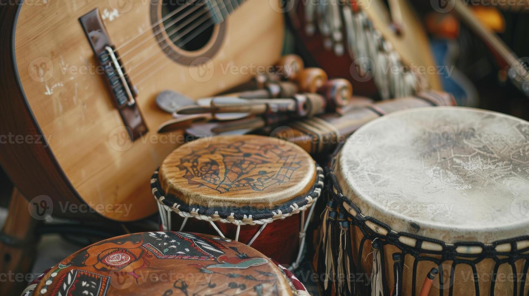 A collection of traditional musical instruments such as Native American drums and cowboy guitars highlighting the importance of music and storytelling in both cultures photo
