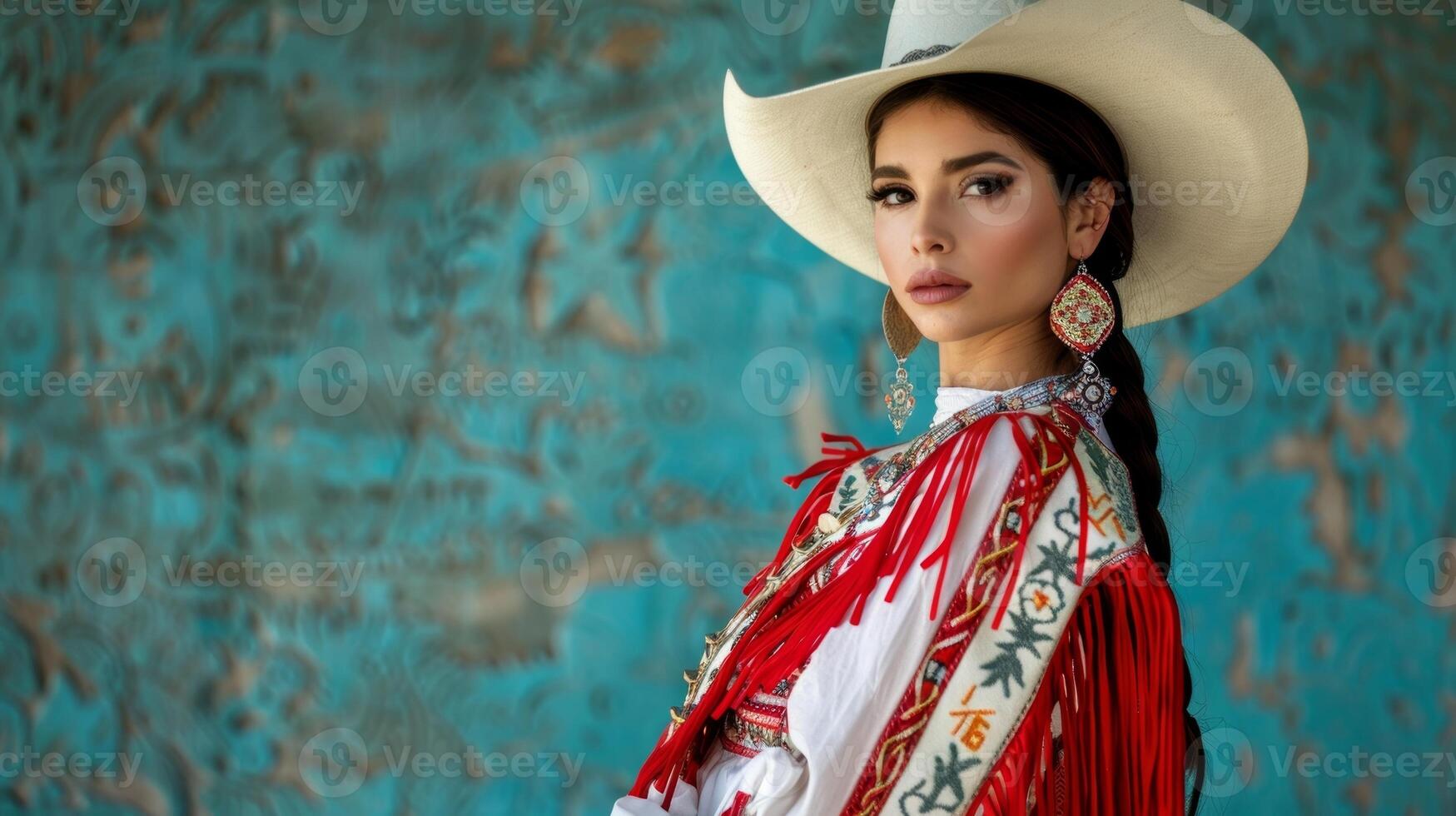 A contestant elegantly modeling a traditional Western outfit representing the heritage and culture of the rodeo photo