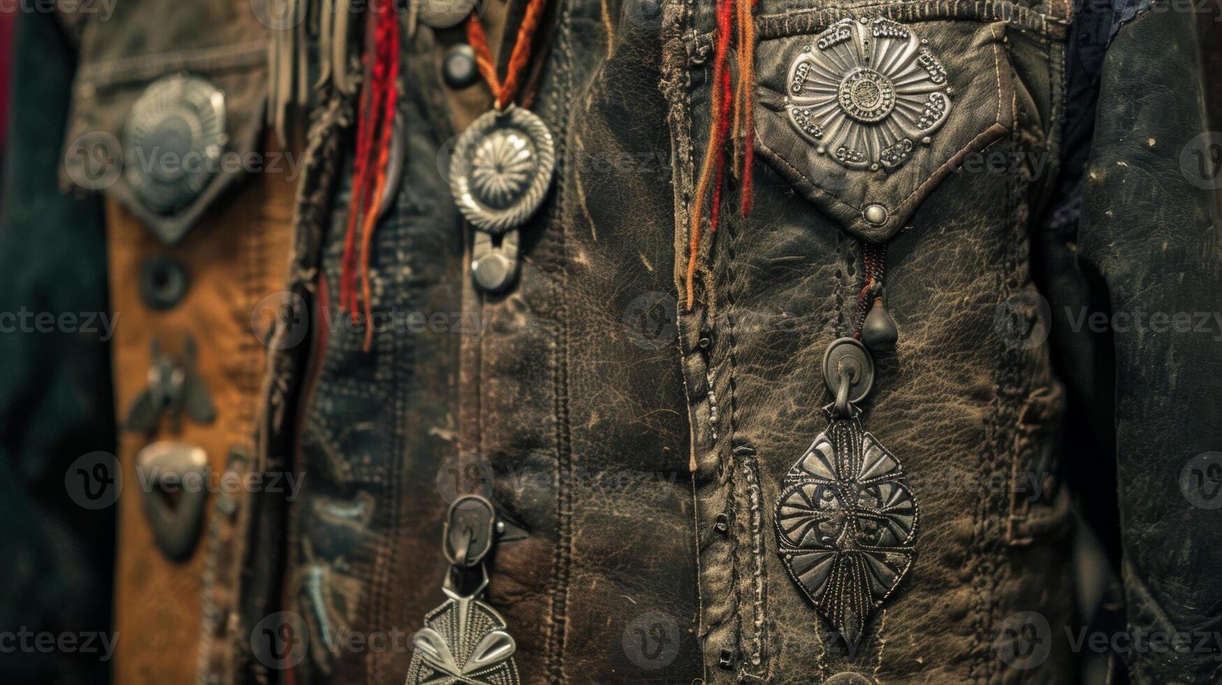 A worn and faded leather vest adorned with Navajo silver conchos representing the fusion of cowboy and American Indian cultures photo