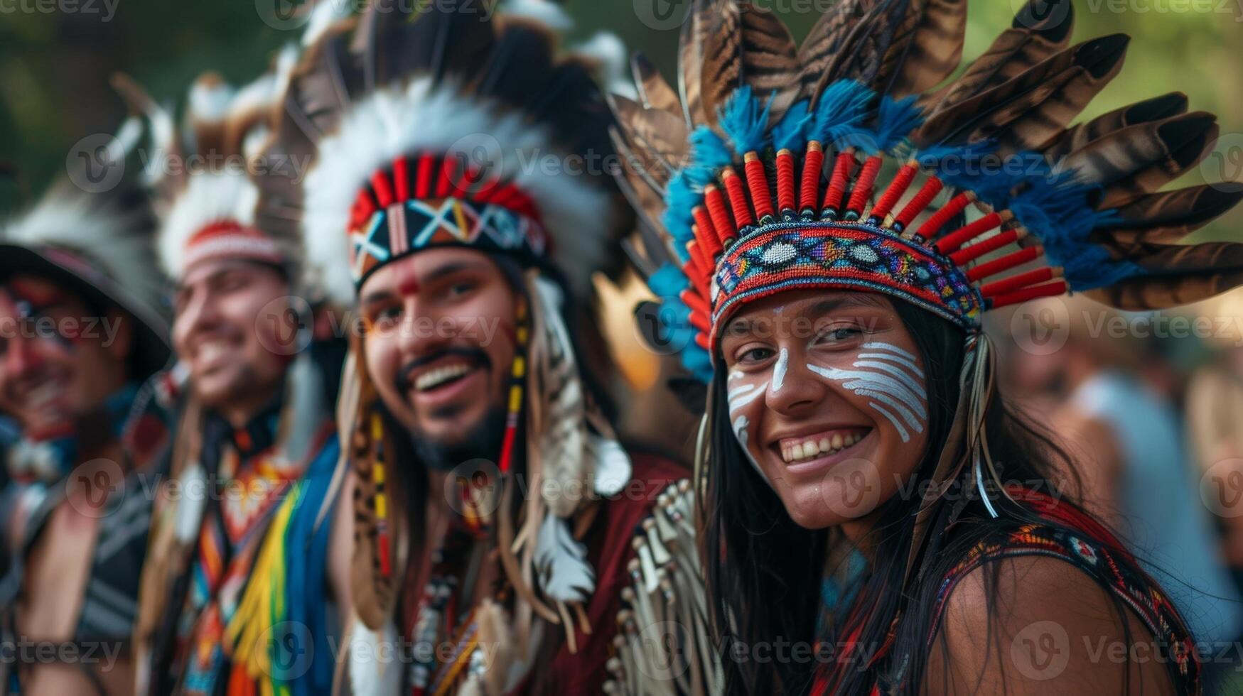 A group of guests in full Native American headdress and face paint embracing the Wild West theme with pride and joy photo
