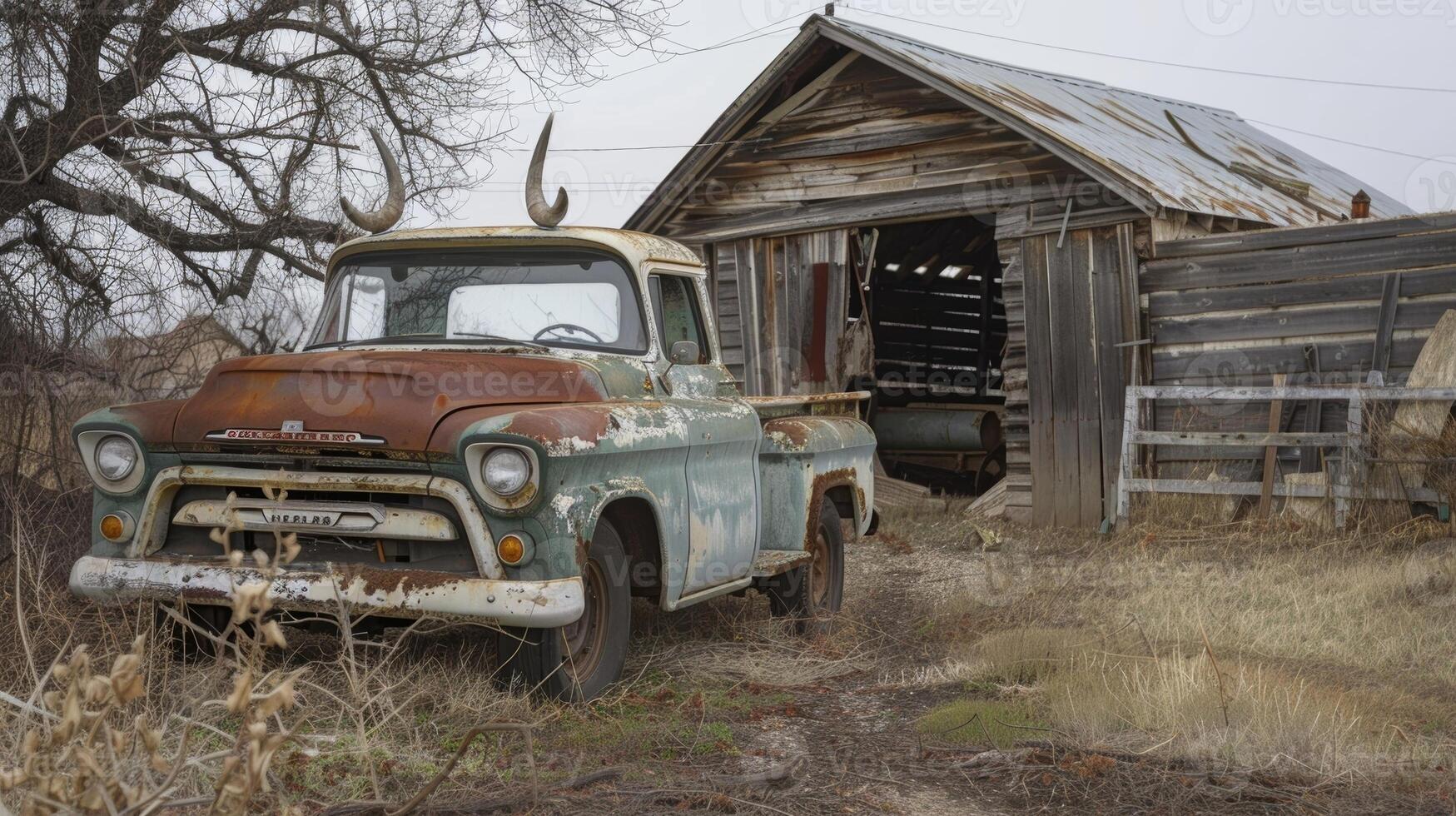 An old pickup truck covered in dust and adorned with cow horns parked in front of a weathered wooden barn photo