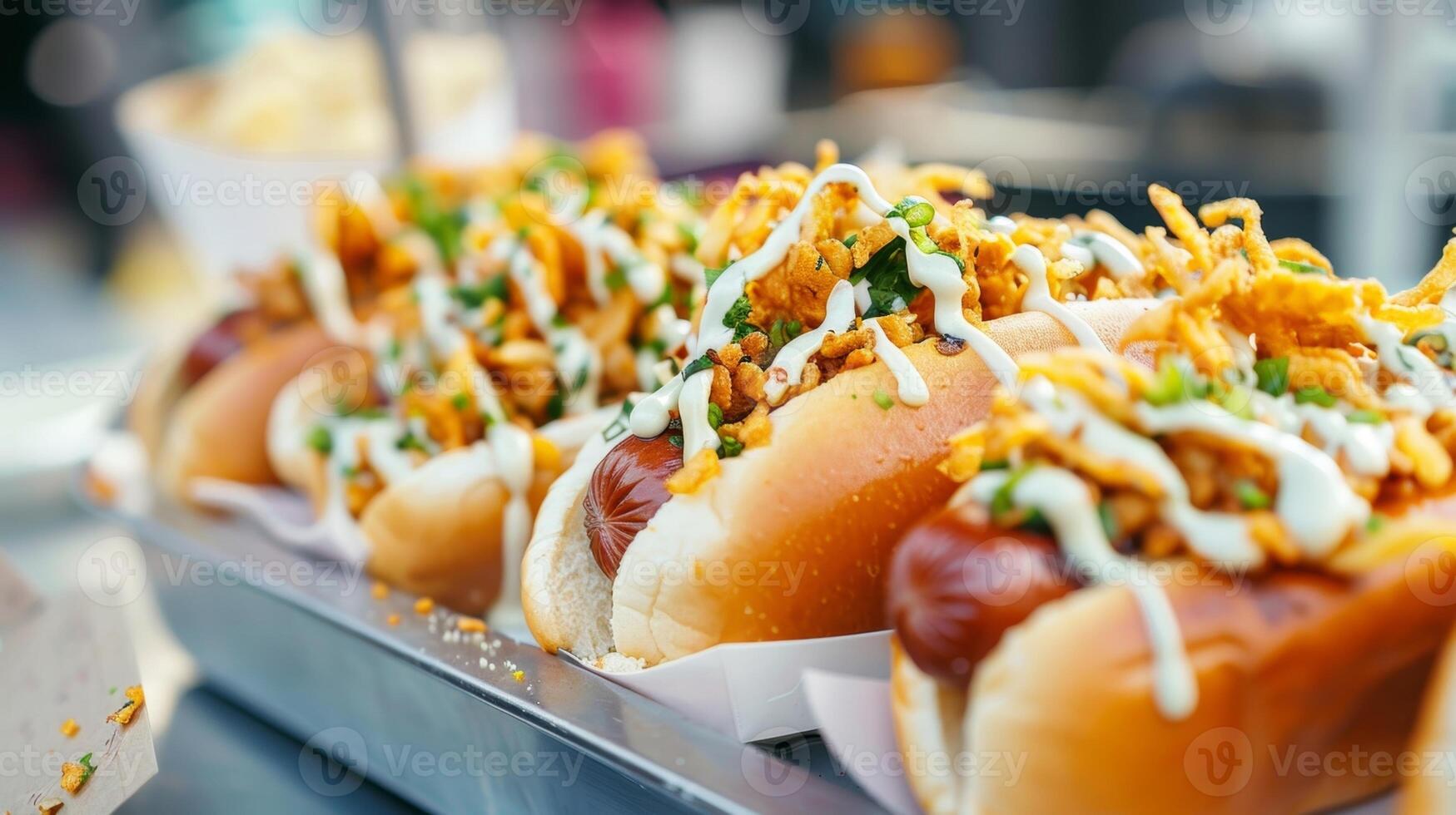 A modern and minimalist food truck featuring gourmet hot dogs with creative toppings such as ranch dressing and crispy fried onions photo