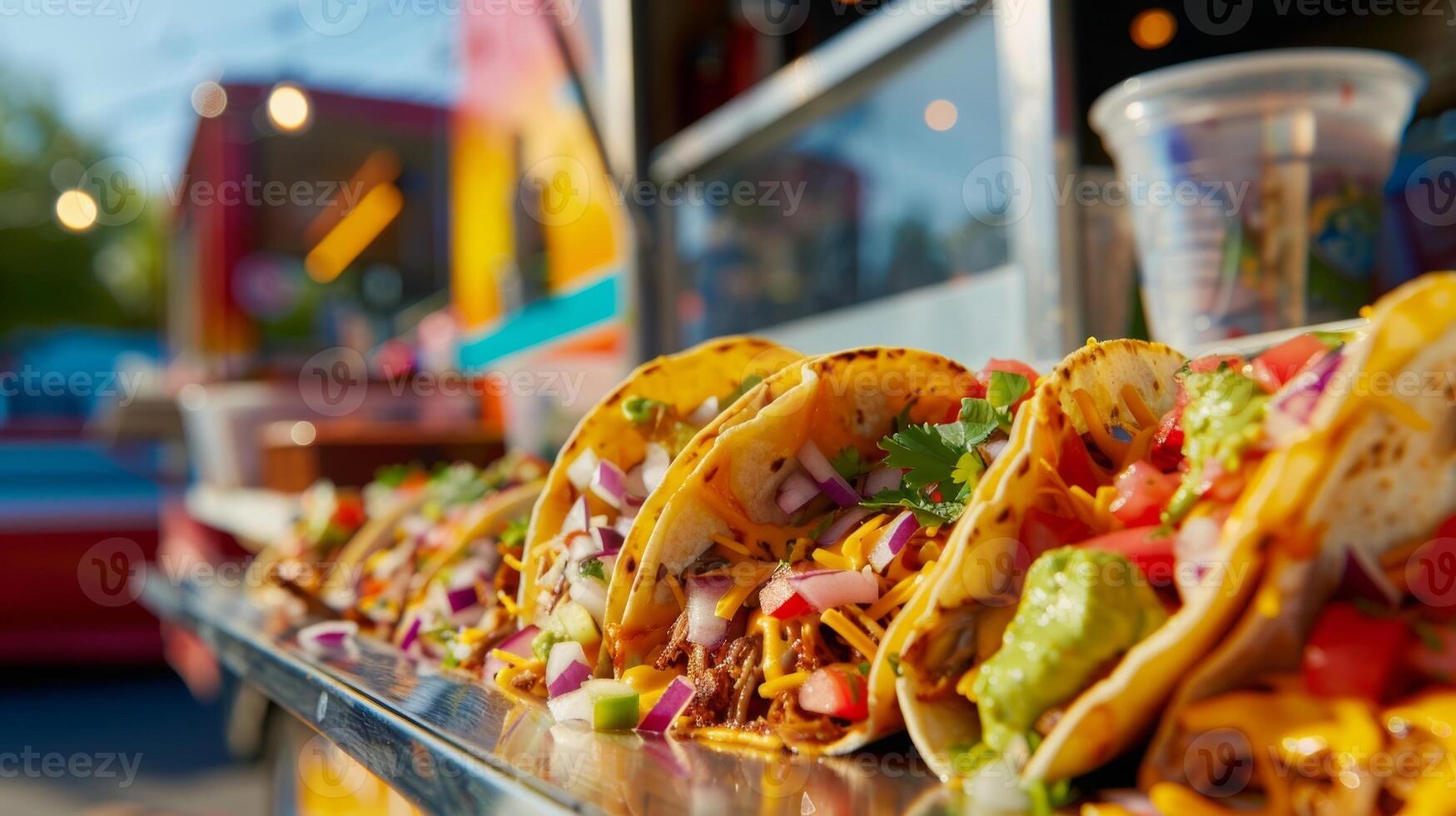 A brightly colored food truck decorated with images of rolling hills and cowboys serving up TexMex creations like smoky pulled pork quesadillas and tangy BBQ chicken tacos photo