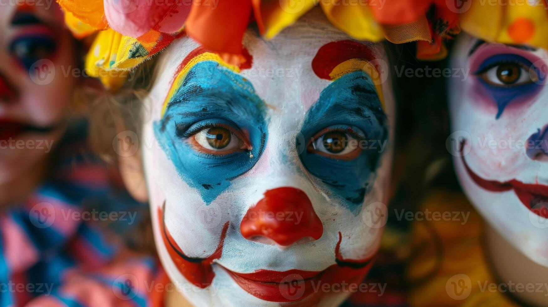 A group of clowns practicing their makeup skills adding colorful designs and patterns to their faces photo