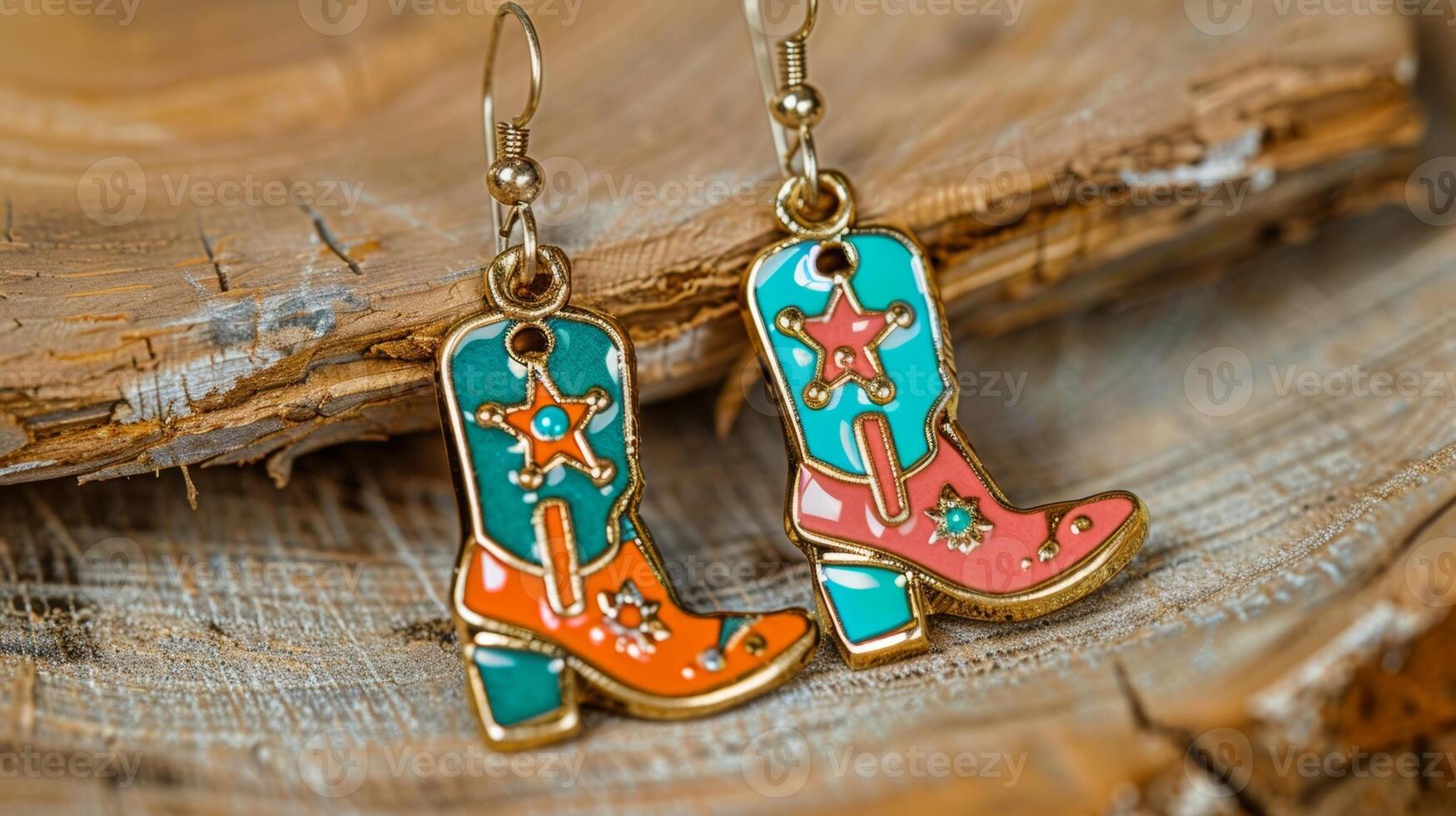 A playful pair of dangle earrings featuring a whimsical combination of cowboy boots pistols and sheriff badges in brightly colored enamel photo