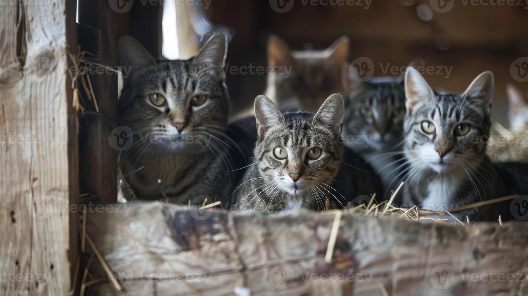 A family of stray cats being sheltered and fed in a cozy barn demonstrating the inclusive nature of ranch rescues photo