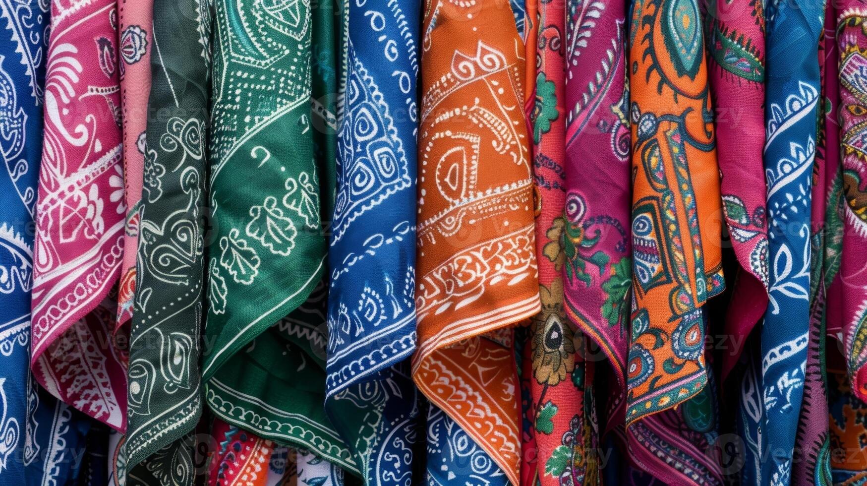Rows of colorful bandanas ranging from classic paisley to bold geometric prints catch the eye of bargain hunters at the flea market photo