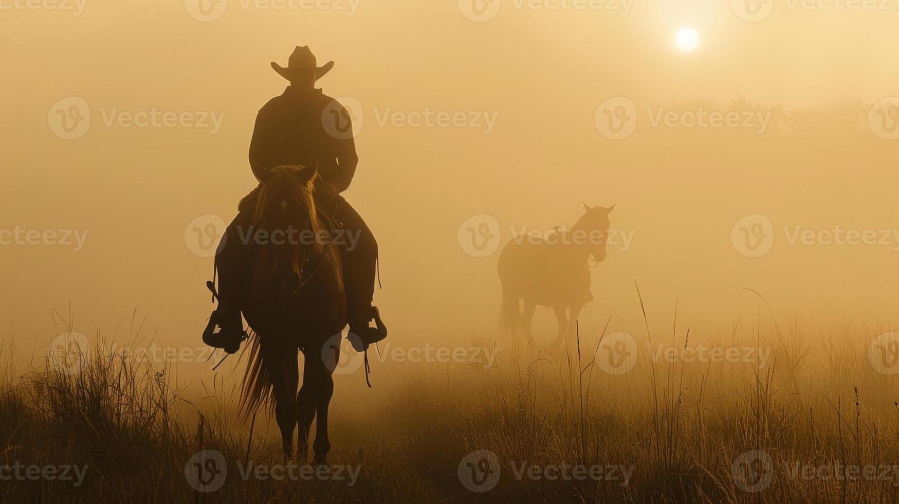 A stoic silhouette of a cowboy leading his trusty steed through the misty morning air photo