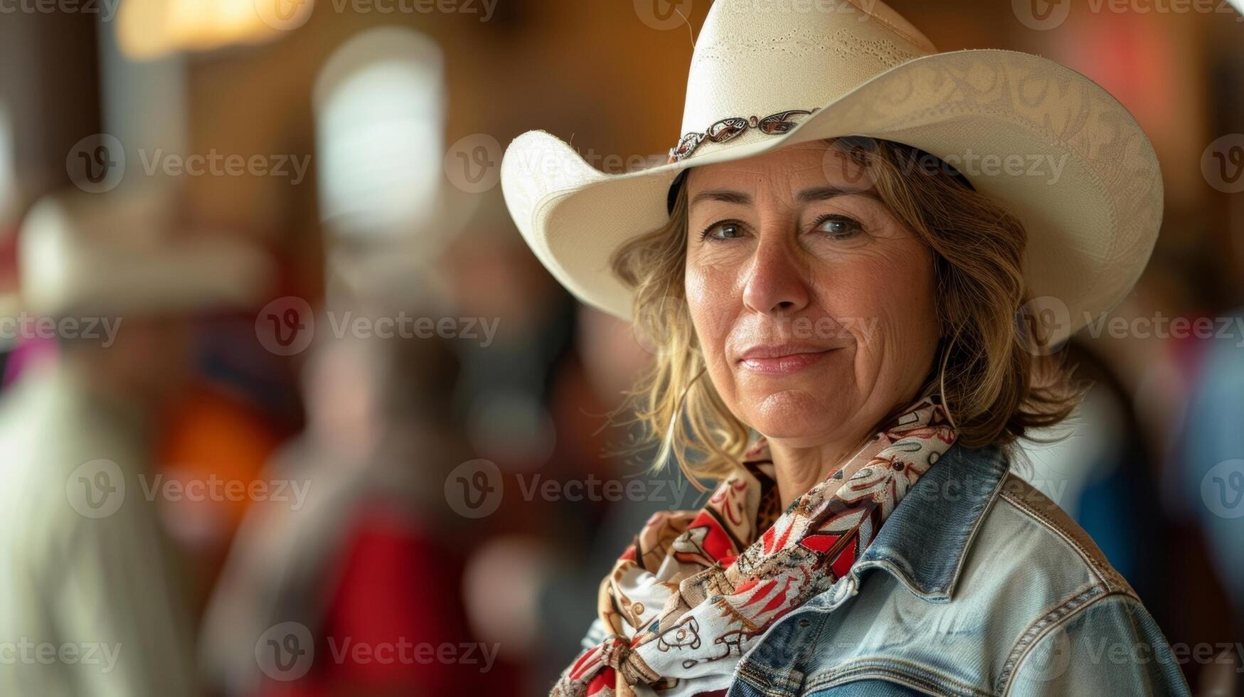 A participant standing proudly in front of a mirror donning the completed cowboy hat they made a sense of accomplishment visible on their face photo