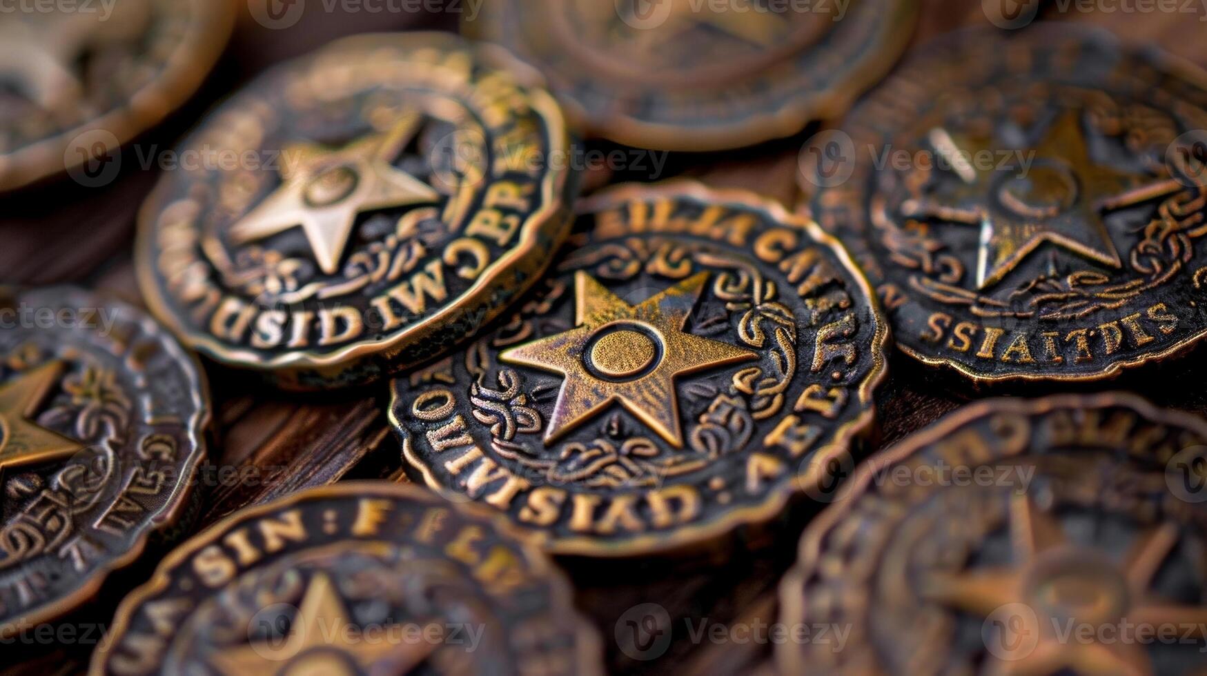 A collection of vintageinspired sheriff badges adorned with intricate designs and made of tarnished brass for an authentic Western look photo