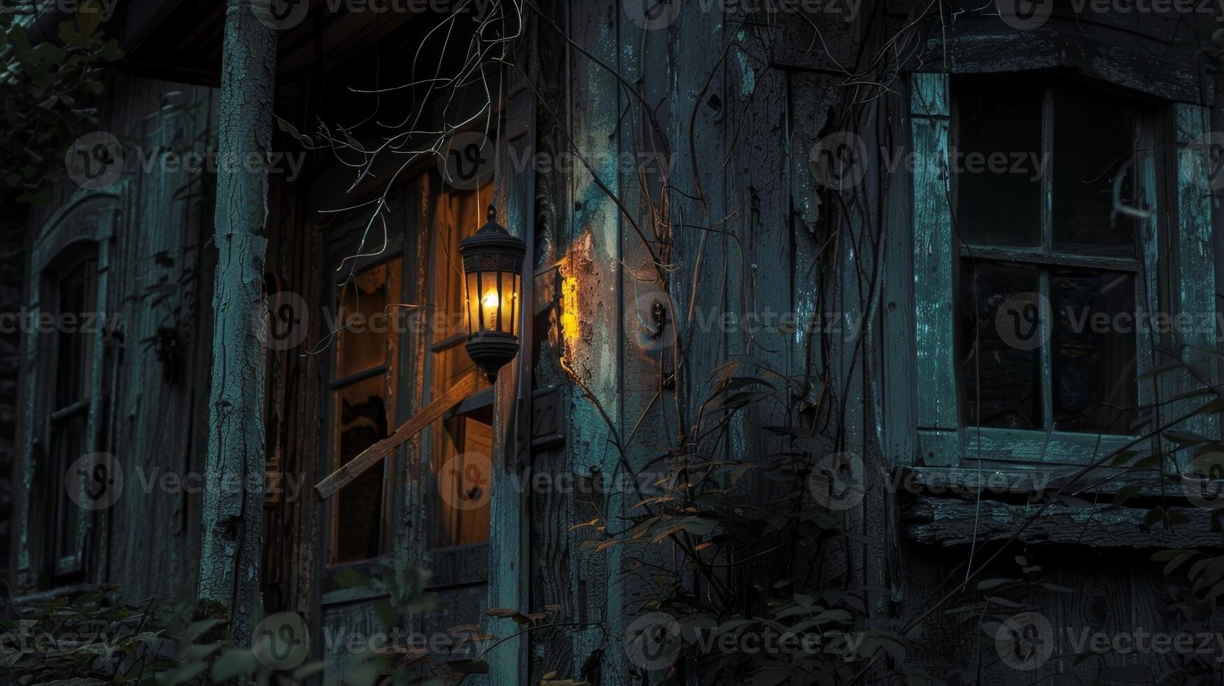 The flickering light of a lantern casting eerie shadows on the abandoned storefronts hinting at the ghostly stories that haunt the town photo