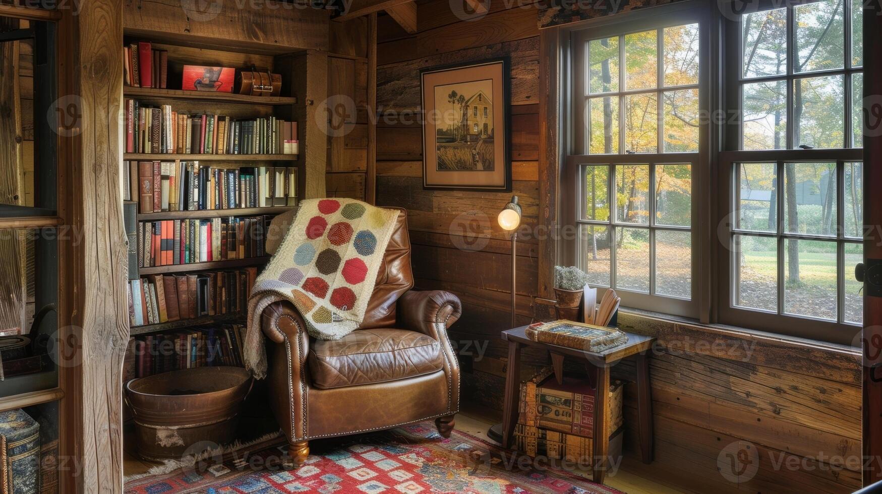 A cozy reading nook in the corner adorned with a handmade quilt and an old leather armchair photo