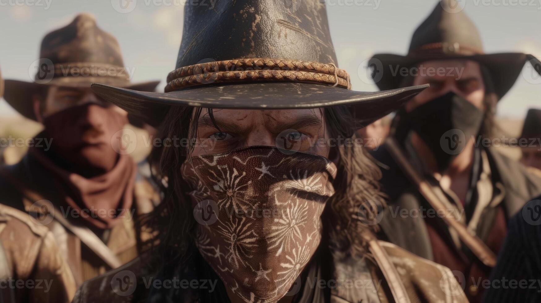 A group of outlaws posing for a photo one with a bandana covering his face