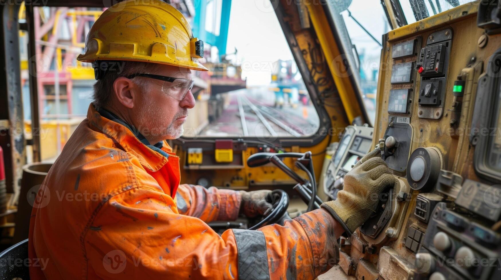 A crane operator doing a preshift inspection before starting work making sure all the controls and mechanisms are functioning properly photo