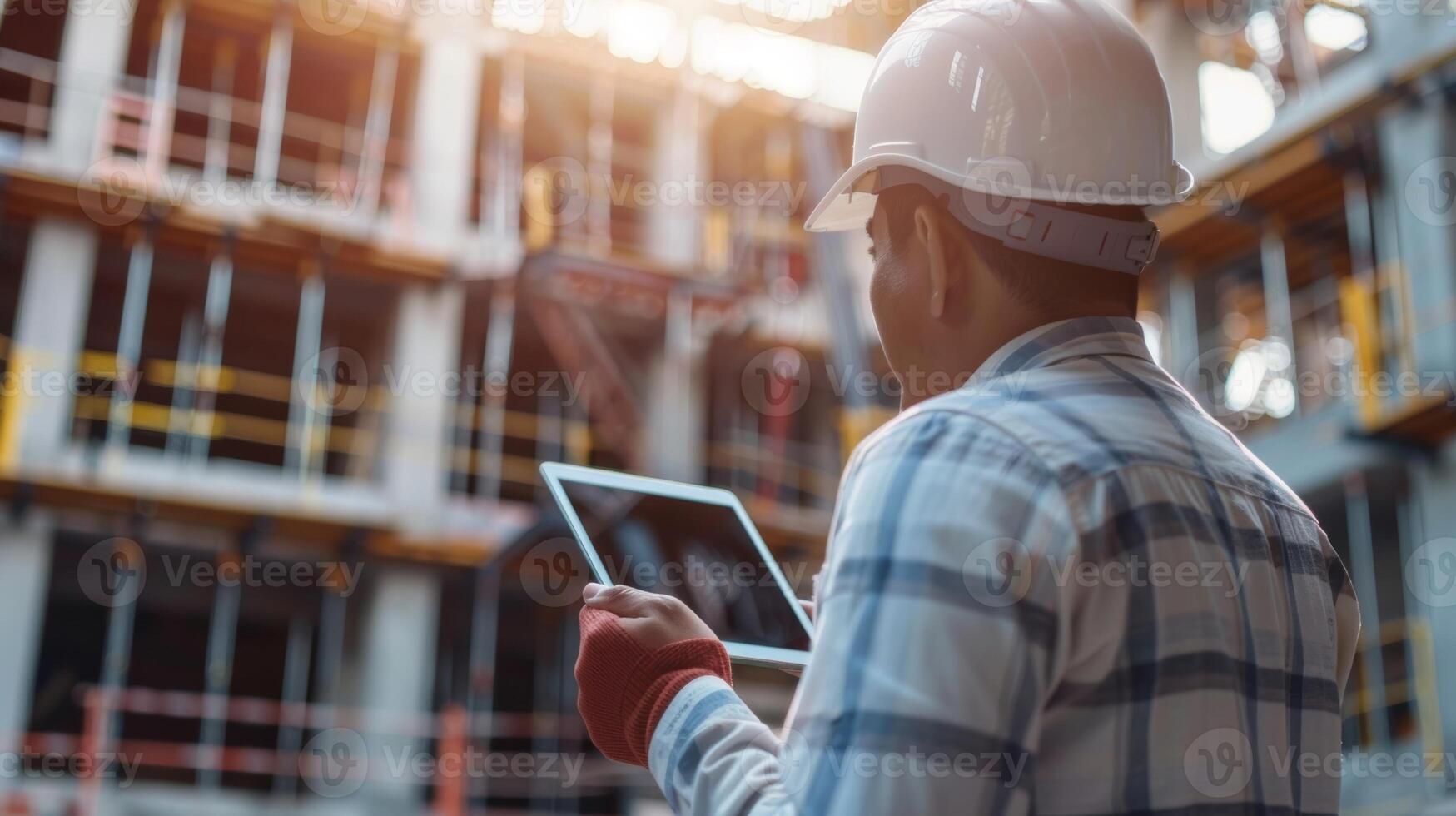 A construction worker wearing a hard hat and holding a tablet using a communication app to send progress updates to the project manager photo