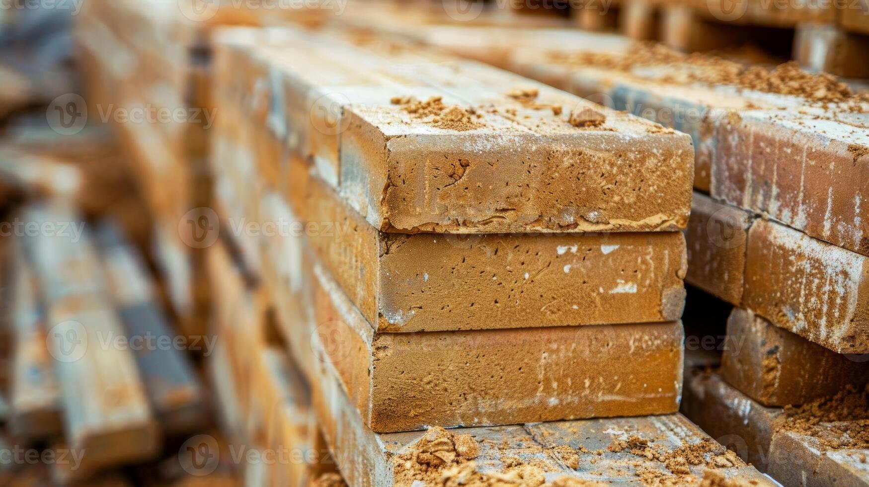 A line of bricks stacked neatly waiting to be used for the construction of a new building photo