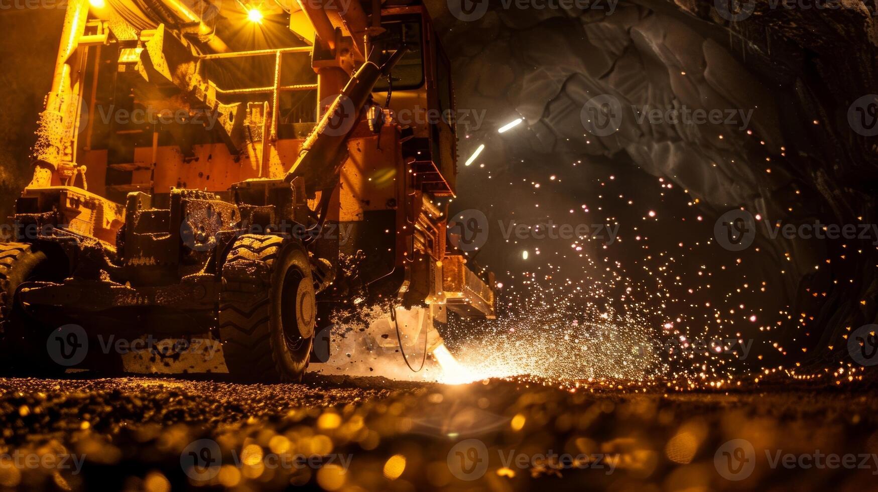 Sparks fly as the drill head of the tunnel boring machine grinds through solid rock photo