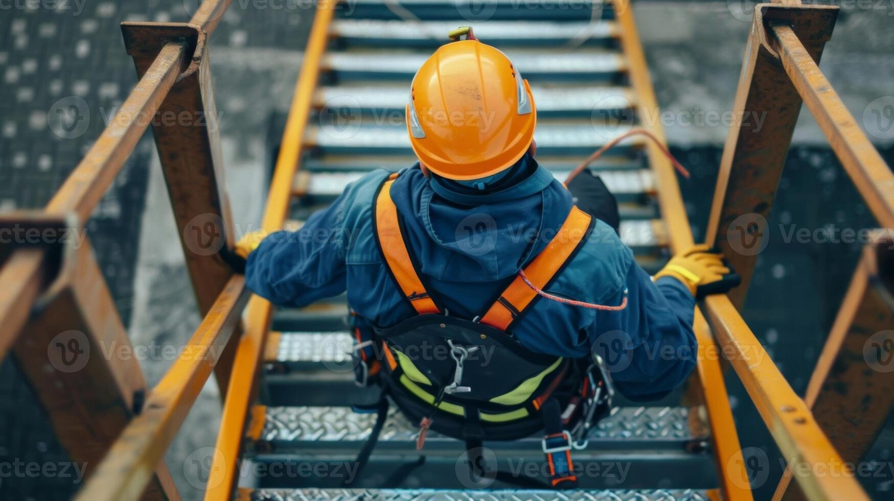 A worker wearing a harness practices climbing down a safety ladder in preparation for potential emergency situations photo