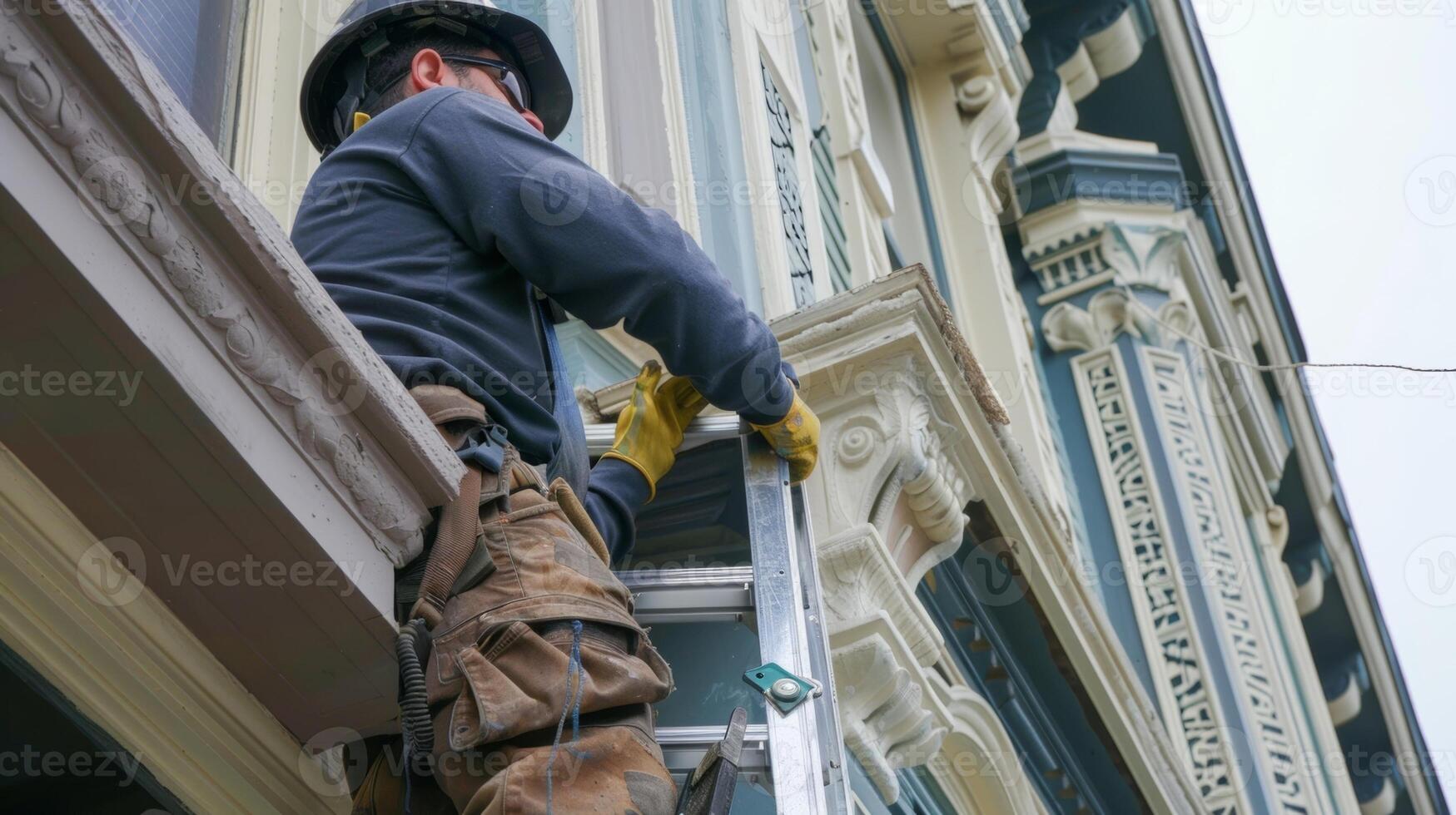 A conservator carefully applying a special sealant to protect and preserve the original paint on a historic facade photo