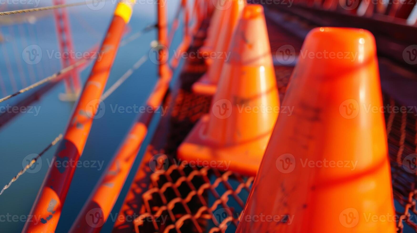 The bright orange safety cones below serve as a reminder of the importance of caution when working at such high altitudes photo