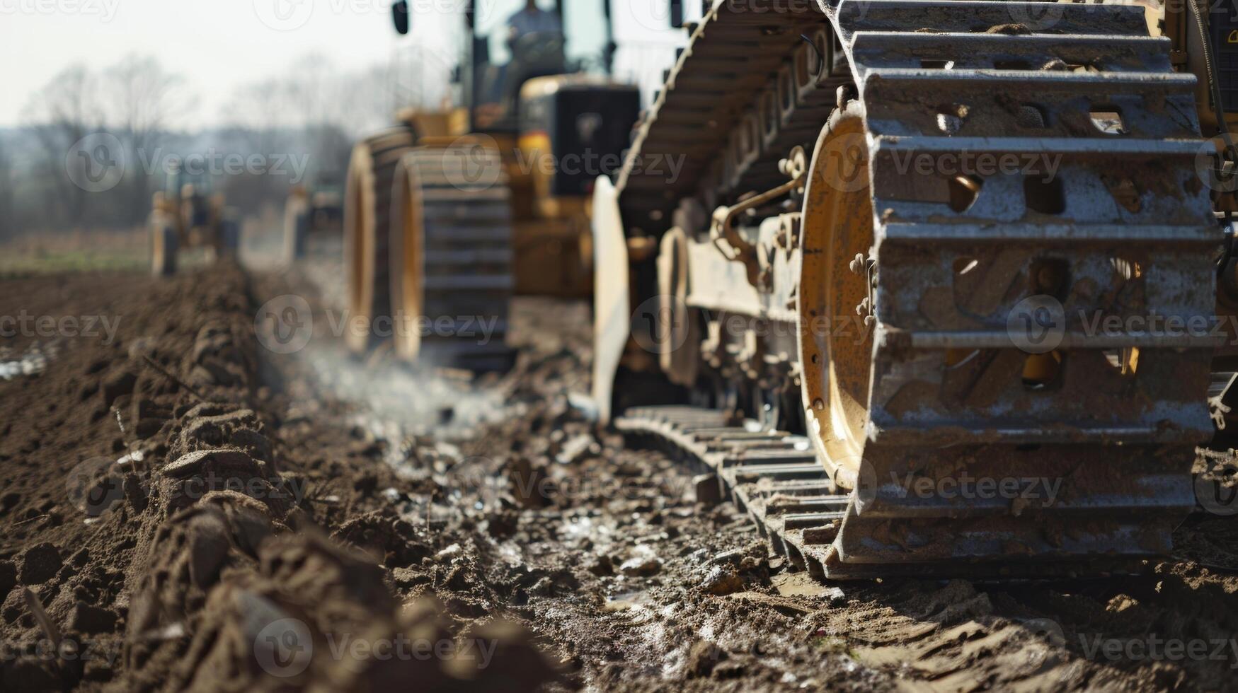 Metal tracks and powerful blades are seen in a row of graders shaping and leveling the land photo