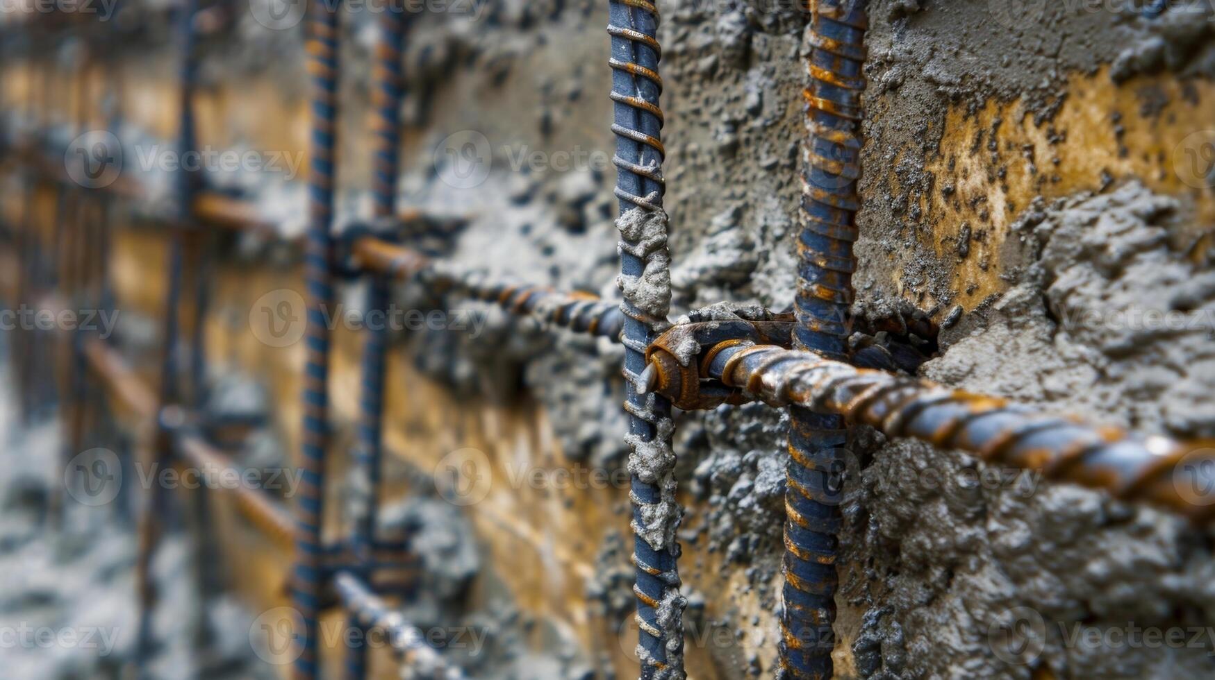 A closeup of metal rebar being p and secured within the concrete to reinforce the strength of the wall photo
