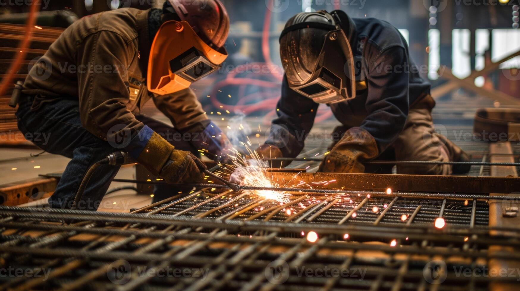 Welders fuse steel rods together to create custom reinforcement beams for critical areas of the building photo