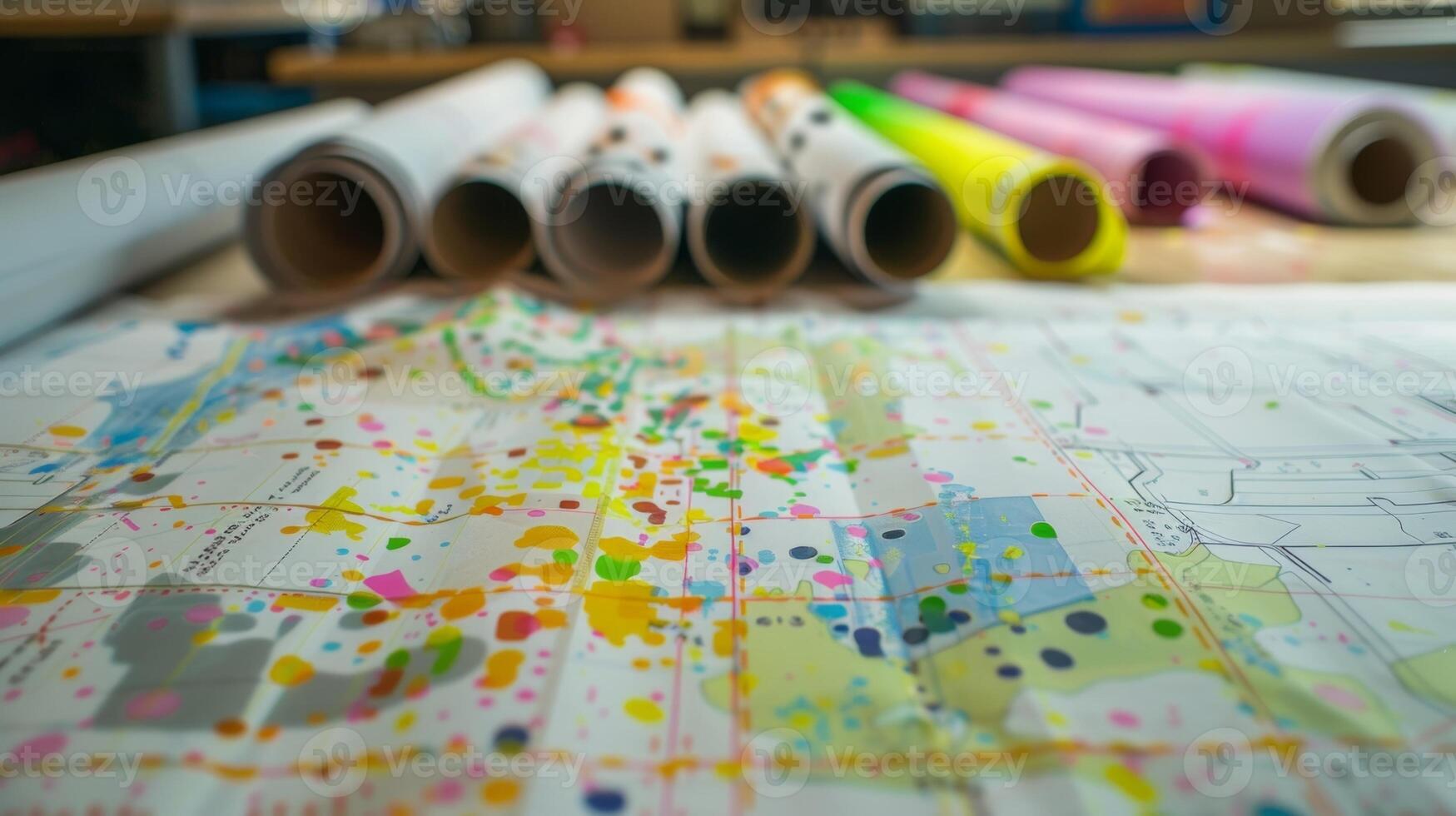 Brightly colored construction markings stand out ast the intricate blueprints that have been carefully unrolled across a table photo